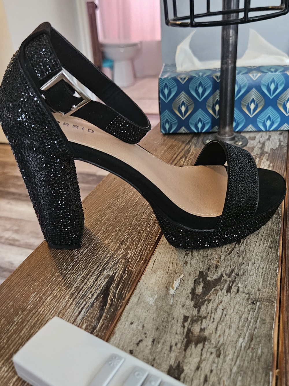 Black Glitter Block Heel Sandals with Ankle Strap